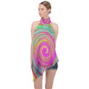 Groovy Abstract Pink, Turquoise And Yellow Swirl Halter Asymmetric Satin Top View1