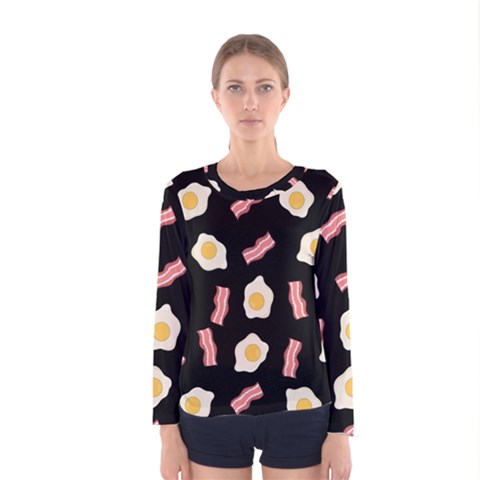 Bacon And Egg Pop Art Pattern Women s Long Sleeve Tee by Valentinaart