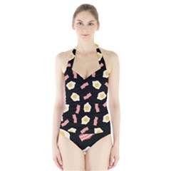 Bacon And Egg Pop Art Pattern Halter Swimsuit by Valentinaart