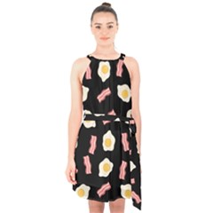 Bacon And Egg Pop Art Pattern Halter Collar Waist Tie Chiffon Dress by Valentinaart