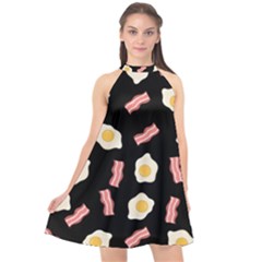 Bacon And Egg Pop Art Pattern Halter Neckline Chiffon Dress  by Valentinaart