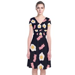 Bacon And Egg Pop Art Pattern Short Sleeve Front Wrap Dress by Valentinaart