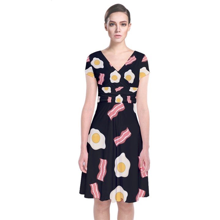 Bacon and Egg Pop Art Pattern Short Sleeve Front Wrap Dress