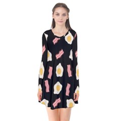 Bacon And Egg Pop Art Pattern Long Sleeve V-neck Flare Dress by Valentinaart