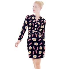 Bacon And Egg Pop Art Pattern Button Long Sleeve Dress