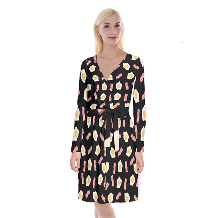 Bacon and Egg Pop Art Pattern Long Sleeve Velvet Front Wrap Dress