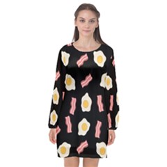 Bacon And Egg Pop Art Pattern Long Sleeve Chiffon Shift Dress  by Valentinaart