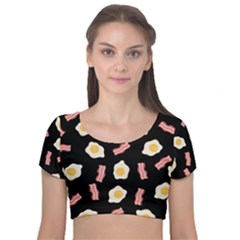 Bacon And Egg Pop Art Pattern Velvet Short Sleeve Crop Top 