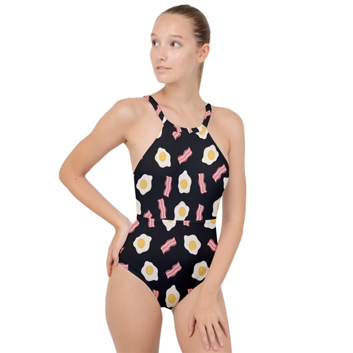 Bacon and Egg Pop Art Pattern High Neck One Piece Swimsuit