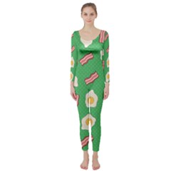 Bacon And Egg Pop Art Pattern Long Sleeve Catsuit by Valentinaart