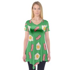 Bacon And Egg Pop Art Pattern Short Sleeve Tunic  by Valentinaart