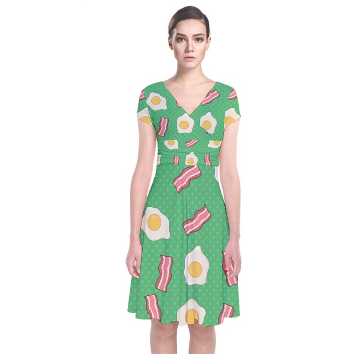 Bacon and Egg Pop Art Pattern Short Sleeve Front Wrap Dress