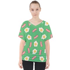 Bacon And Egg Pop Art Pattern V-neck Dolman Drape Top by Valentinaart