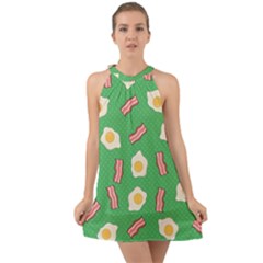 Bacon And Egg Pop Art Pattern Halter Tie Back Chiffon Dress by Valentinaart