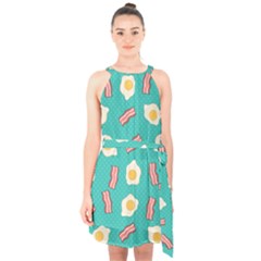 Bacon And Egg Pop Art Pattern Halter Collar Waist Tie Chiffon Dress by Valentinaart