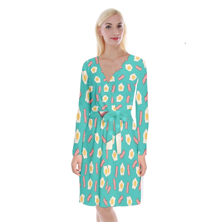 Bacon and Egg Pop Art Pattern Long Sleeve Velvet Front Wrap Dress