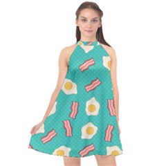 Bacon And Egg Pop Art Pattern Halter Neckline Chiffon Dress  by Valentinaart