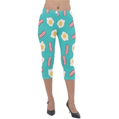 Bacon And Egg Pop Art Pattern Lightweight Velour Capri Leggings  by Valentinaart