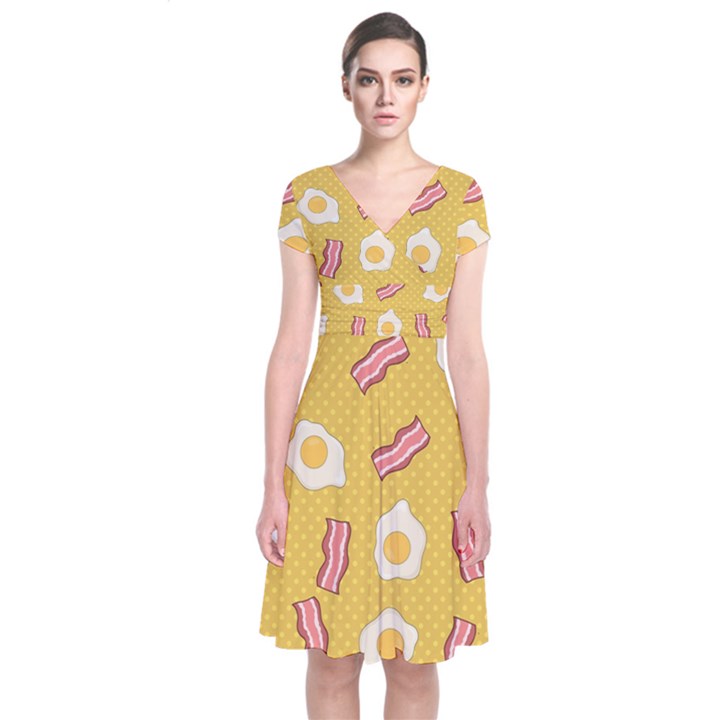 Bacon and Egg Pop Art Pattern Short Sleeve Front Wrap Dress