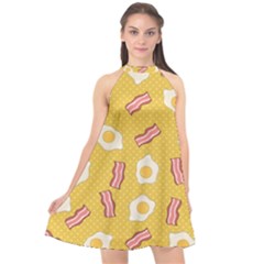 Bacon And Egg Pop Art Pattern Halter Neckline Chiffon Dress  by Valentinaart