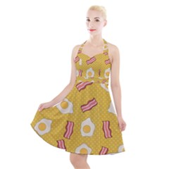 Bacon And Egg Pop Art Pattern Halter Party Swing Dress 