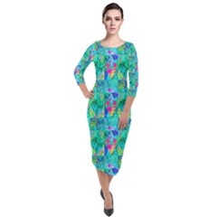 Garden Quilt Painting With Hydrangea And Blues Quarter Sleeve Midi Velour Bodycon Dress