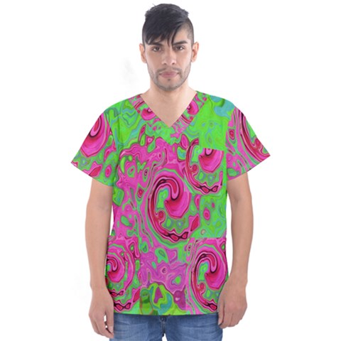 Groovy Abstract Green And Red Lava Liquid Swirl Men s V-neck Scrub Top by myrubiogarden