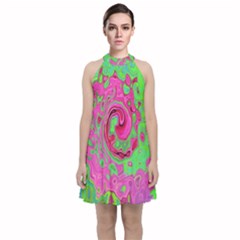 Groovy Abstract Green And Red Lava Liquid Swirl Velvet Halter Neckline Dress 