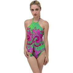 Groovy Abstract Green And Red Lava Liquid Swirl Go With The Flow One Piece Swimsuit by myrubiogarden