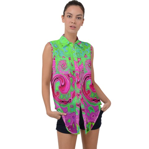 Groovy Abstract Green And Red Lava Liquid Swirl Sleeveless Chiffon Button Shirt by myrubiogarden