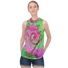 Groovy Abstract Green And Red Lava Liquid Swirl High Neck Satin Top