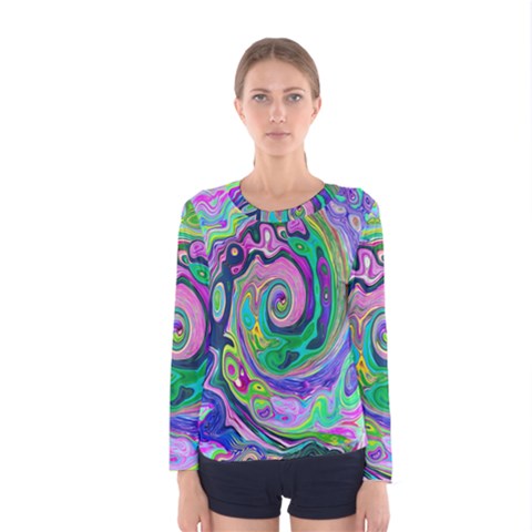 Groovy Abstract Aqua And Navy Lava Liquid Swirl Women s Long Sleeve Tee by myrubiogarden