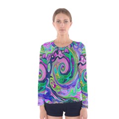 Groovy Abstract Aqua And Navy Lava Liquid Swirl Women s Long Sleeve Tee