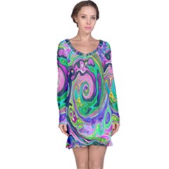 Groovy Abstract Aqua And Navy Lava Liquid Swirl Long Sleeve Nightdress by myrubiogarden