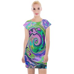 Groovy Abstract Aqua And Navy Lava Liquid Swirl Cap Sleeve Bodycon Dress by myrubiogarden