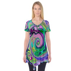 Groovy Abstract Aqua And Navy Lava Liquid Swirl Short Sleeve Tunic  by myrubiogarden