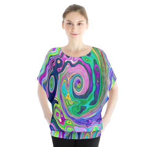 Groovy Abstract Aqua And Navy Lava Liquid Swirl Batwing Chiffon Blouse by myrubiogarden