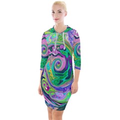 Groovy Abstract Aqua And Navy Lava Liquid Swirl Quarter Sleeve Hood Bodycon Dress