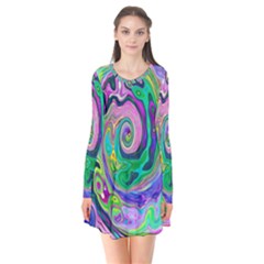 Groovy Abstract Aqua And Navy Lava Liquid Swirl Long Sleeve V-neck Flare Dress by myrubiogarden