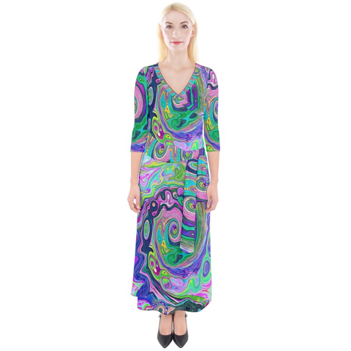 Groovy Abstract Aqua And Navy Lava Liquid Swirl Quarter Sleeve Wrap Maxi Dress