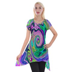 Groovy Abstract Aqua And Navy Lava Liquid Swirl Short Sleeve Side Drop Tunic by myrubiogarden