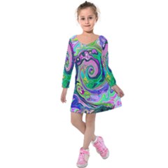 Groovy Abstract Aqua And Navy Lava Liquid Swirl Kids  Long Sleeve Velvet Dress