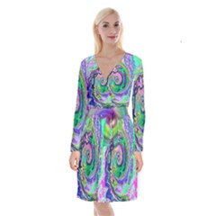 Groovy Abstract Aqua And Navy Lava Liquid Swirl Long Sleeve Velvet Front Wrap Dress by myrubiogarden