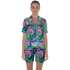 Groovy Abstract Aqua And Navy Lava Liquid Swirl Satin Short Sleeve Pyjamas Set by myrubiogarden