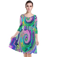 Groovy Abstract Aqua And Navy Lava Liquid Swirl Quarter Sleeve Waist Band Dress by myrubiogarden