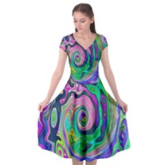 Groovy Abstract Aqua And Navy Lava Liquid Swirl Cap Sleeve Wrap Front Dress by myrubiogarden