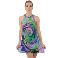 Groovy Abstract Aqua And Navy Lava Liquid Swirl Halter Tie Back Chiffon Dress by myrubiogarden