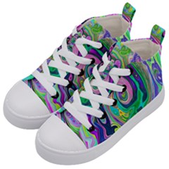 Groovy Abstract Aqua And Navy Lava Liquid Swirl Kids  Mid-top Canvas Sneakers by myrubiogarden