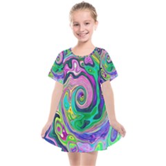 Groovy Abstract Aqua And Navy Lava Liquid Swirl Kids  Smock Dress by myrubiogarden