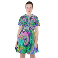 Groovy Abstract Aqua And Navy Lava Liquid Swirl Sailor Dress by myrubiogarden